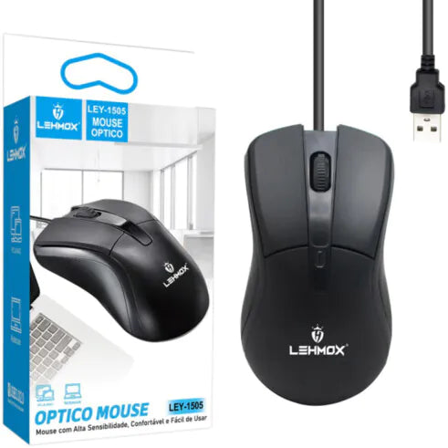 Mouse Óptico com Fio Usb Básico 3 Botões Preto- LEY-1505