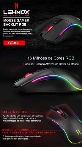 Mouse Gamer Led RGB com Fio e Driver LEHMOX - GT-M2