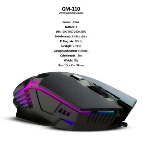 Mouse Gamer Optico Xtrike-ME GM-110 com Fio USB RGB 3600dpi