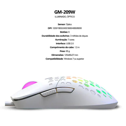 Mouse Gamer Branco Xtrike-ME GM-209W com Fio USB RGB 8000dpi