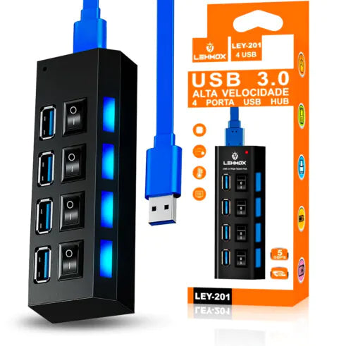 Hub 3.0 4 Portas USB Extensor com Interruptor Lehmox - LEY-201